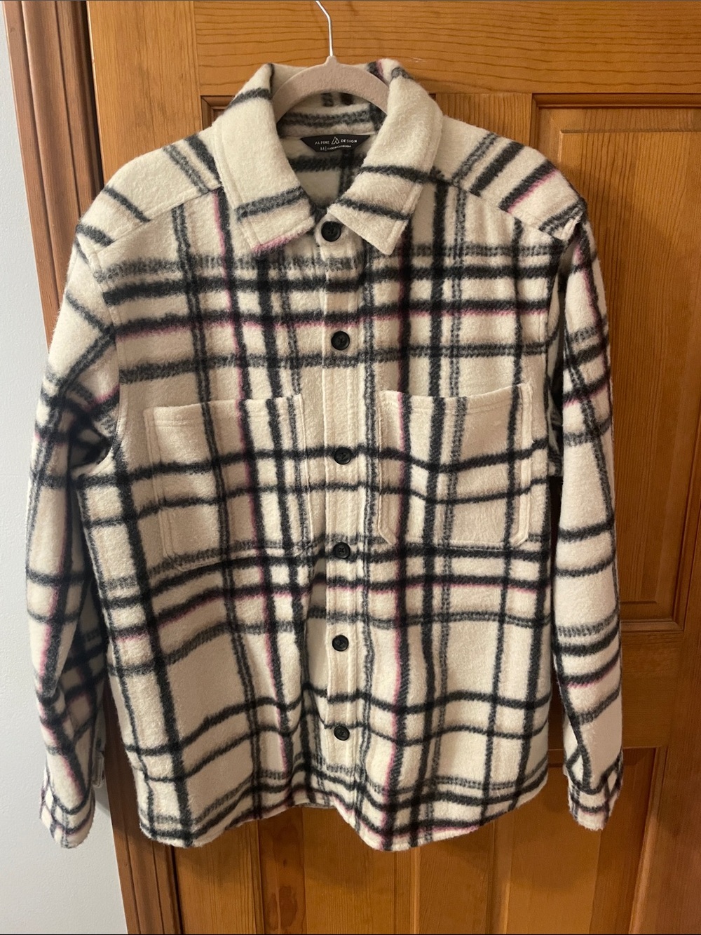 Alpine Design Cream Plaid Button-Front Shacket with Black and Pink Accents